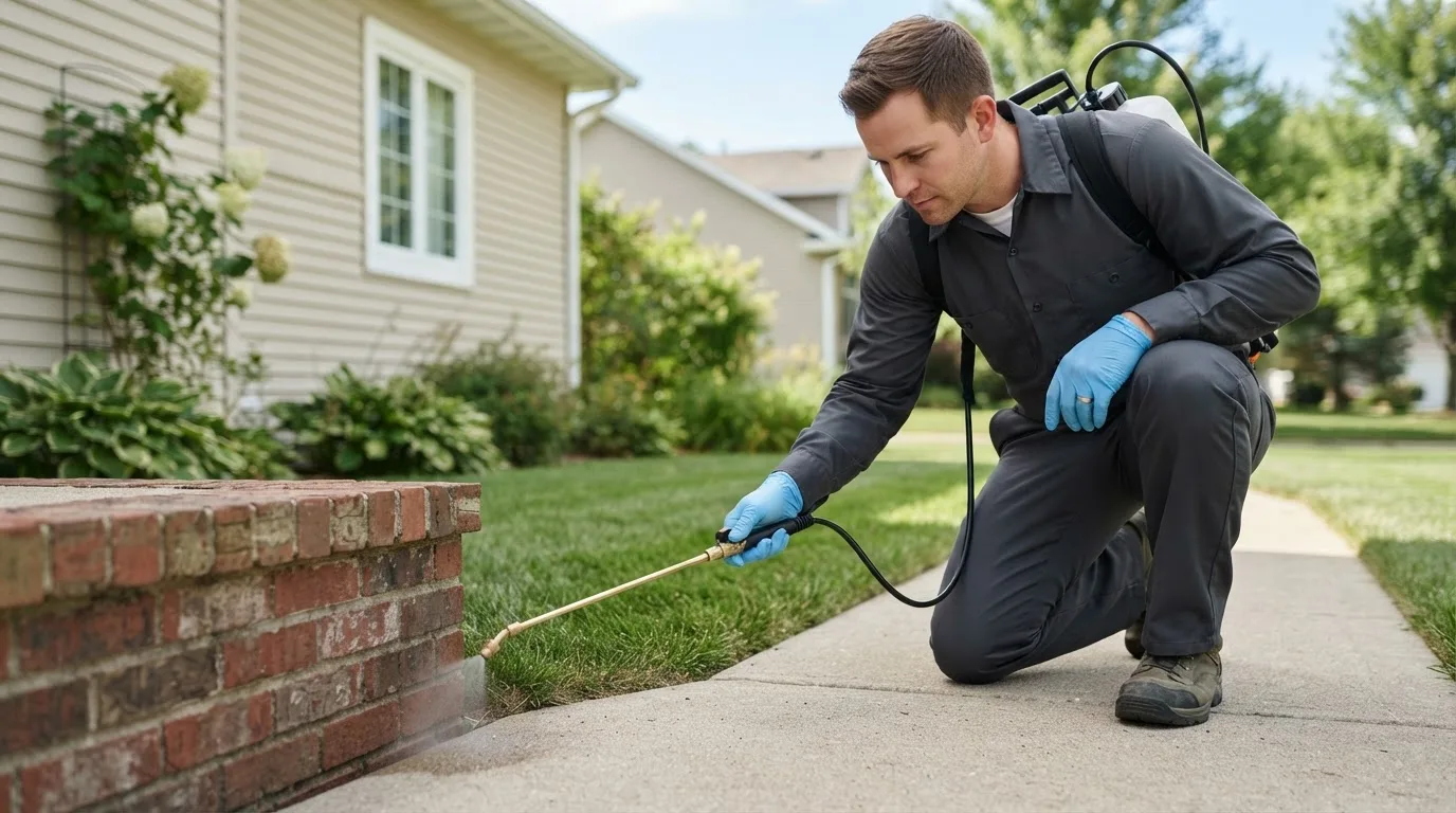Pest control technician treating a home near Meadville, PA