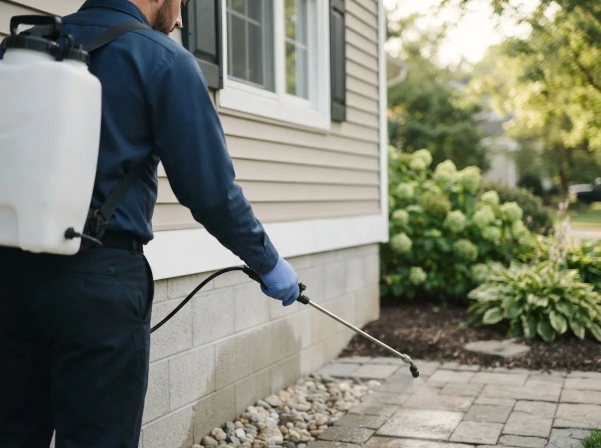 Pest control technician inspecting a home in Meadville, PA